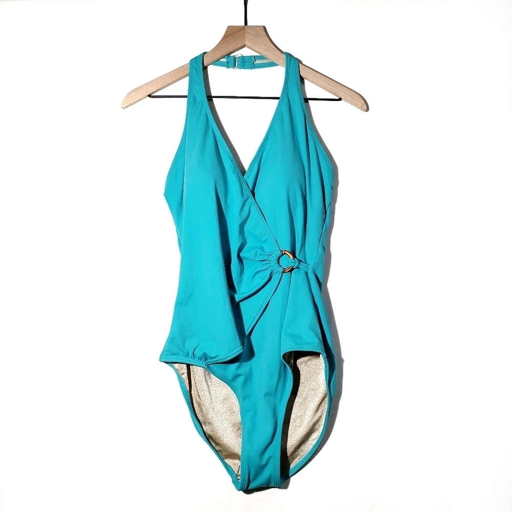 Tropical Escape Faux Wrap One Piece Swimsuit 14 Teal Blue‎ Retro 80s Inspired